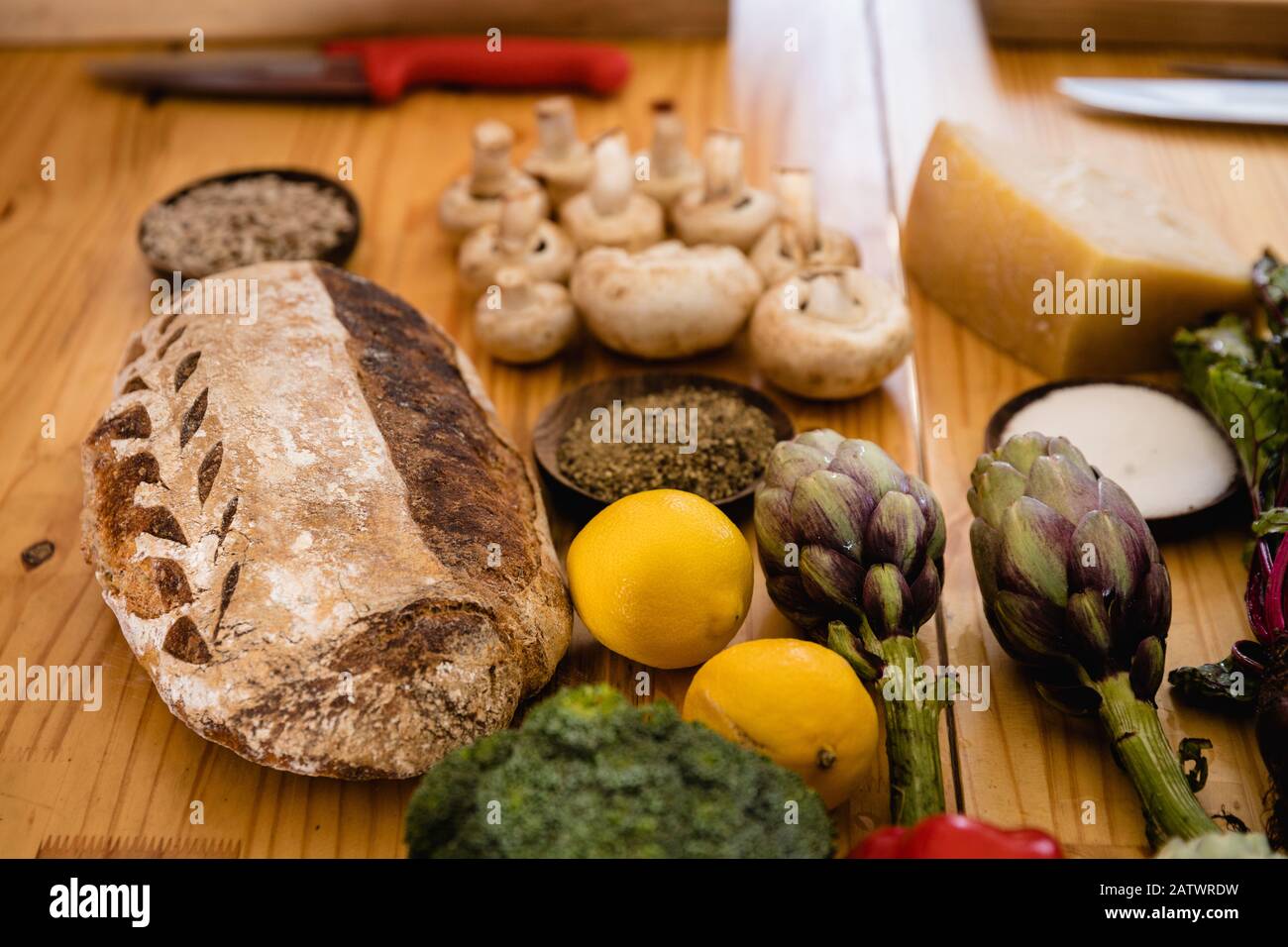 Vegetables and bread on the table Stock Photo