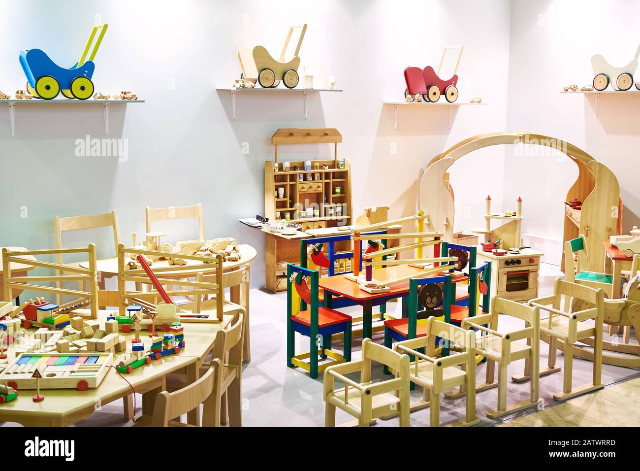 Children wooden furniture and toys in the store Stock Photo