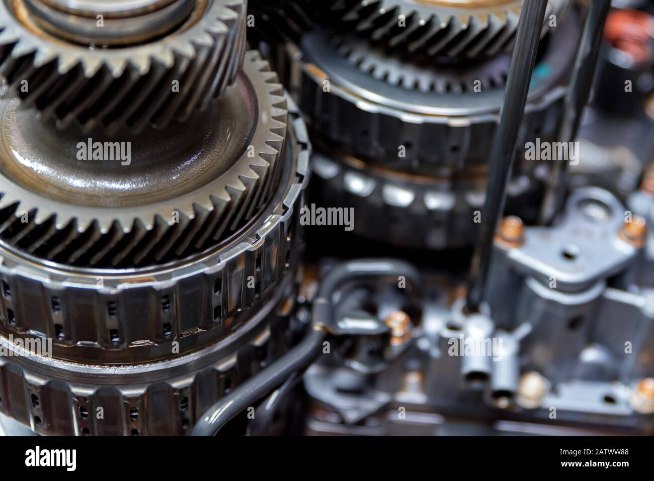gearsets inside vehicle automatic transmission. Close up view