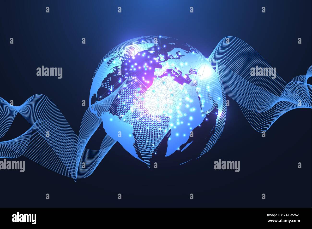Global social network. Networking and data connection concept. Worldwide internet and technology. Dynamic waves connected by plexus light lines Stock Vector