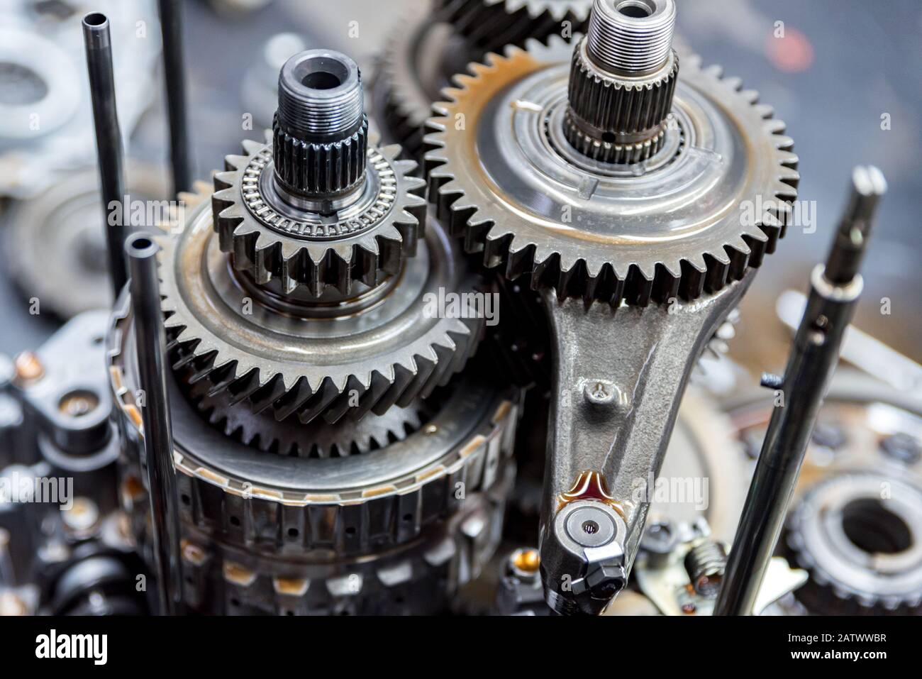 gearsets inside vehicle automatic transmission. Close up view
