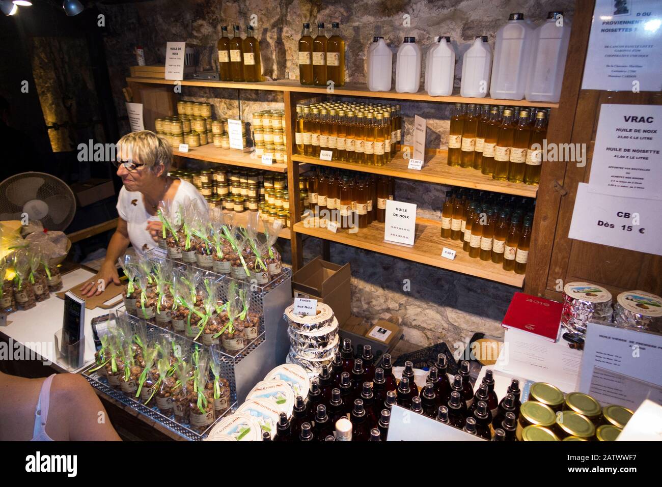 Shop counter display full of health food hazelnut and walnut nut