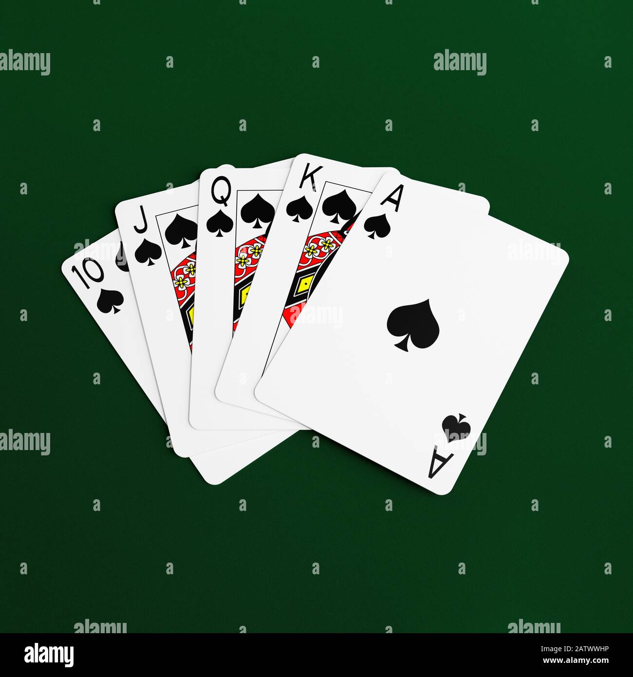 Royal Flush poker hand of playing cards on a green baize background Stock Photo