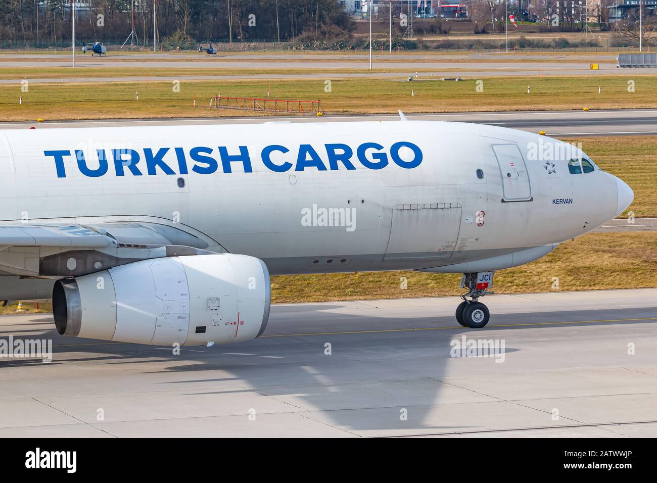 Zurich, Switzerland - February 1, 2020: Turkish Cargo Airbus A330 Freighter airplane at Zurich airport (ZRH) in Switzerland. Airbus is an aircraft man Stock Photo