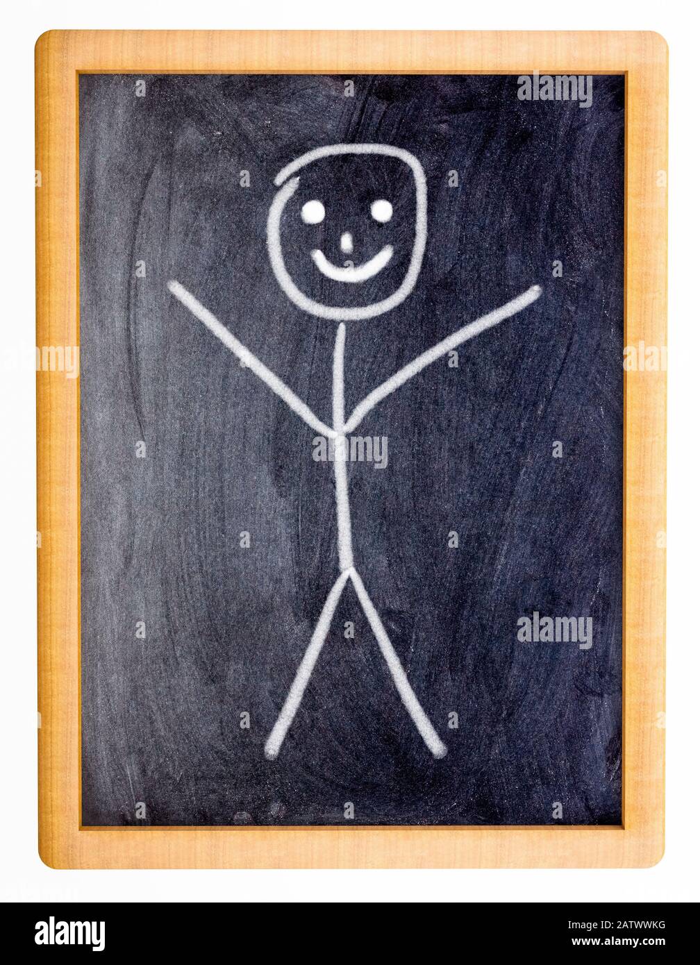 Small blackboard with a childs drawing of a smiling stick man Stock Photo