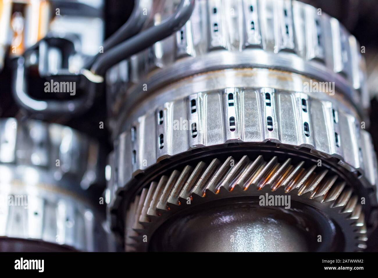 gearsets inside vehicle automatic transmission. Close up view