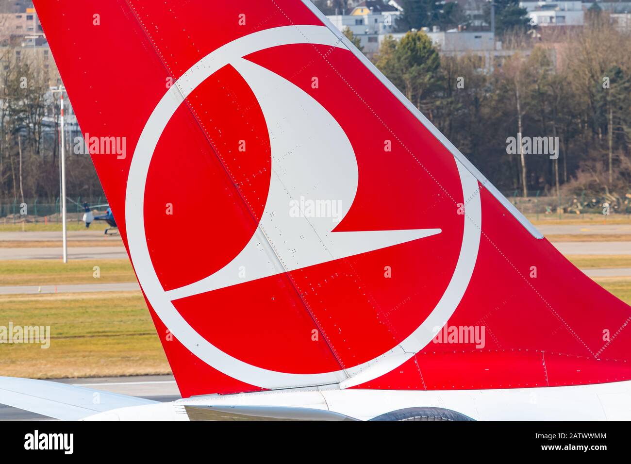 Zurich, Switzerland - February 1, 2020: Turkish Airlines Logo on an Airbus A330 airplane at Zurich airport (ZRH) in Switzerland. Airbus is an aircraft Stock Photo