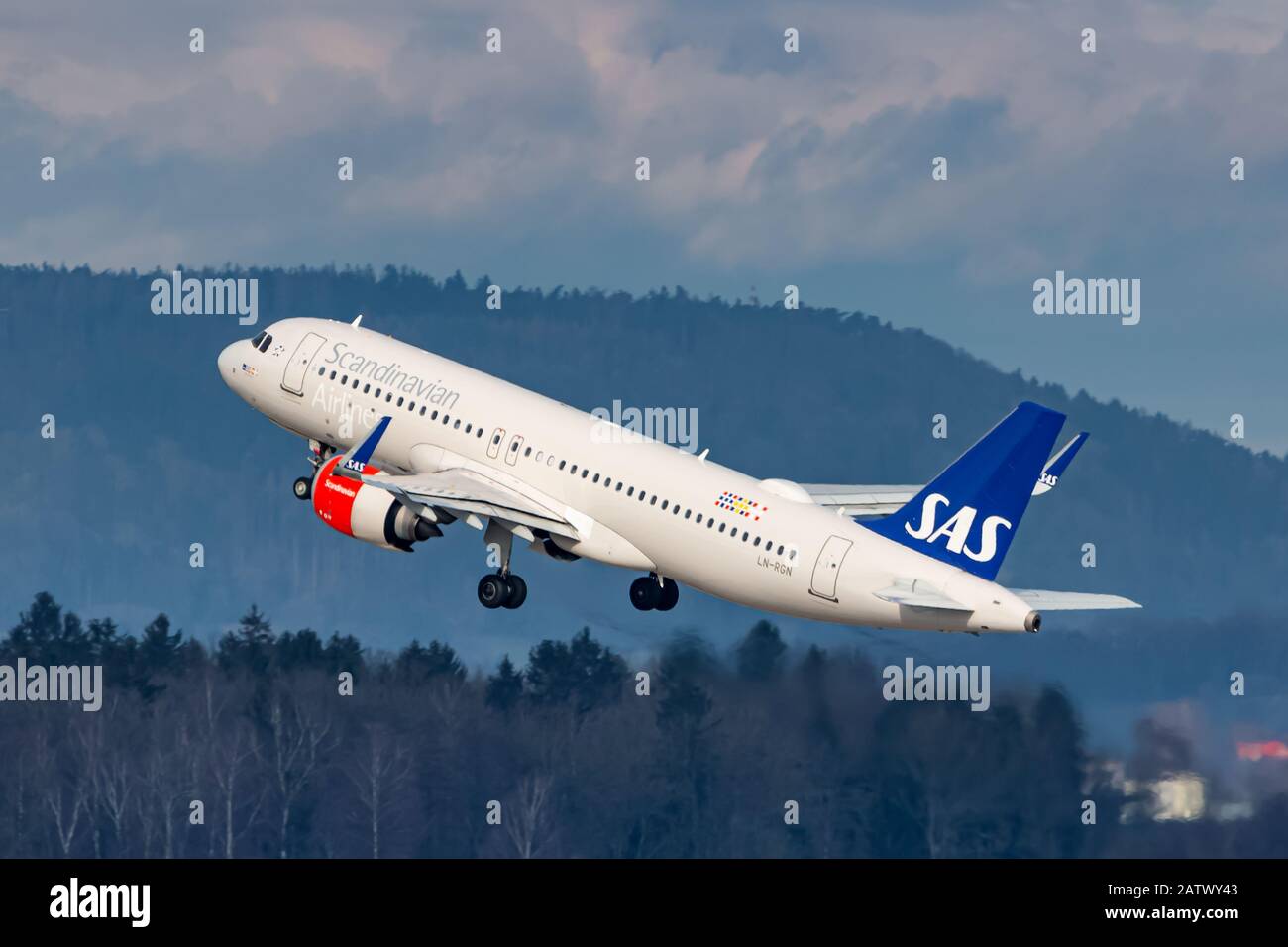 Zurich, Switzerland - February 1, 2020: SAS Airbus A320 Neo airplane at Zurich airport (ZRH) in Switzerland. Airbus is an aircraft manufacturer from T Stock Photo