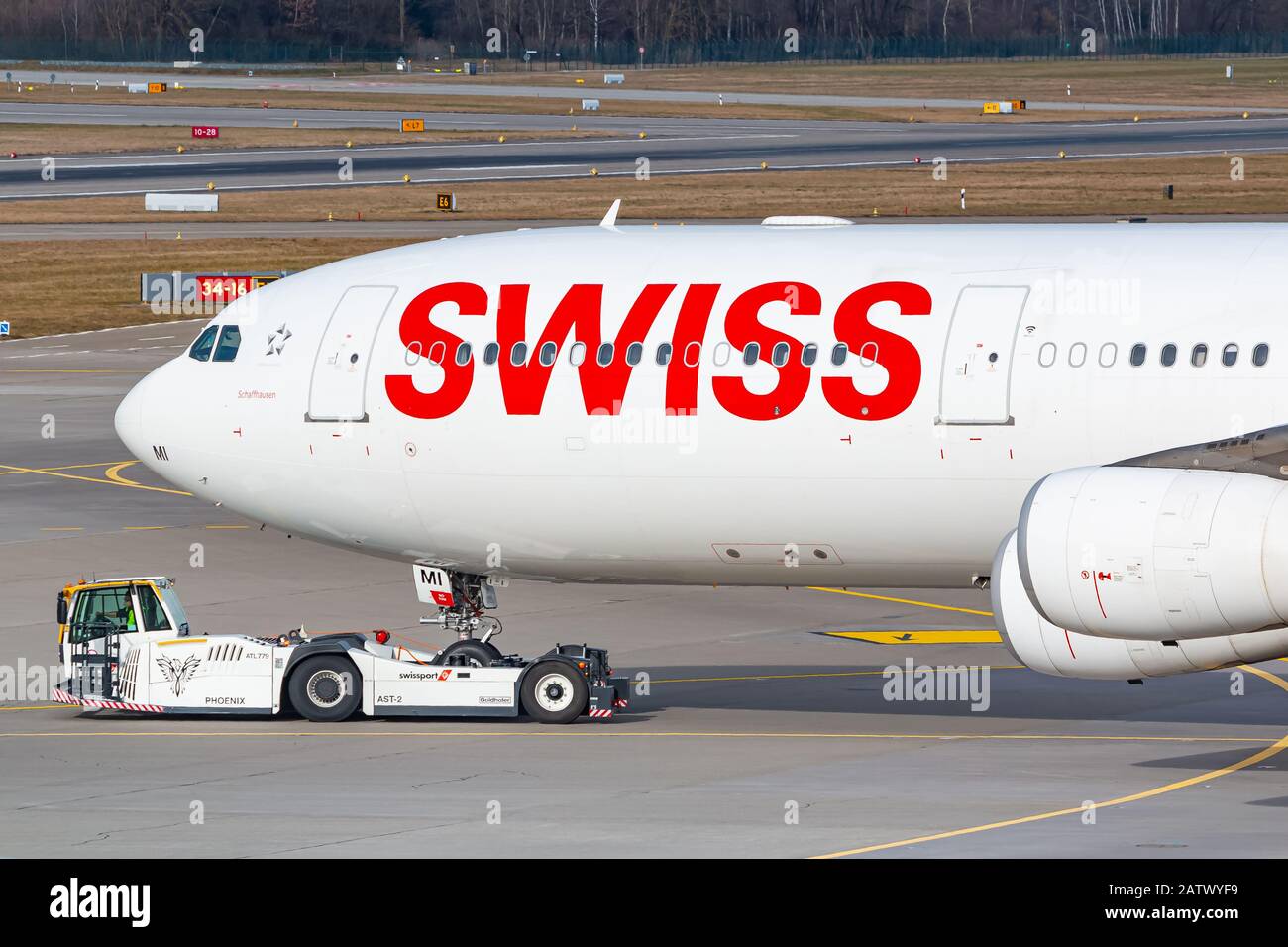 Zurich, Switzerland - February 1, 2020: Swiss International Airlines Airbus A340 airplane at Zurich airport (ZRH) in Switzerland. Airbus is an aircraf Stock Photo