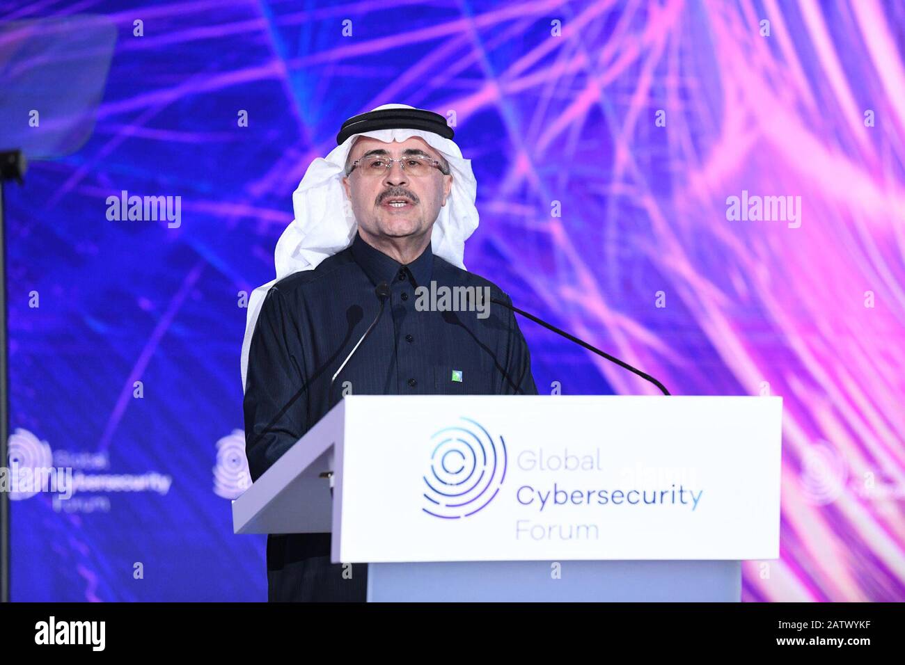 (200205) -- RIYADH, Feb. 5, 2020 (Xinhua) -- Aramco President and CEO Amin Nasser speaks at the Global Cybersecurity Forum in Riyadh, Saudi Arabia, Feb. 4, 2020. Saudi Arabia's oil giant Aramco on Tuesday emphasized the constantly-evolving threat of cyber-terrorism to governments, businesses and individuals, urging stronger cooperation in this sphere. (Saudi Aramco/Handout via Xinhua) Stock Photo