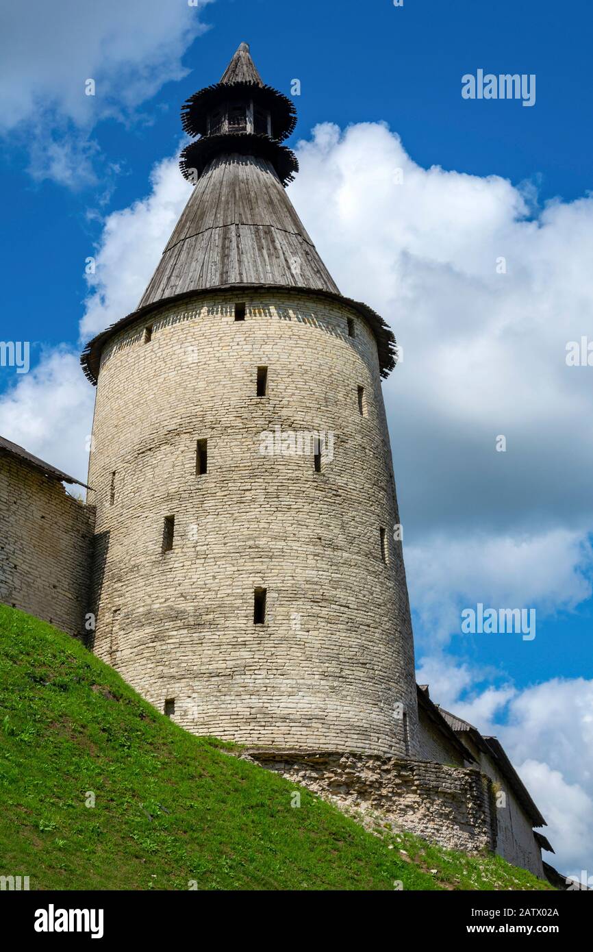 Pskov, the Middle tower of the Pskov Kremlin, a historical place Stock Photo