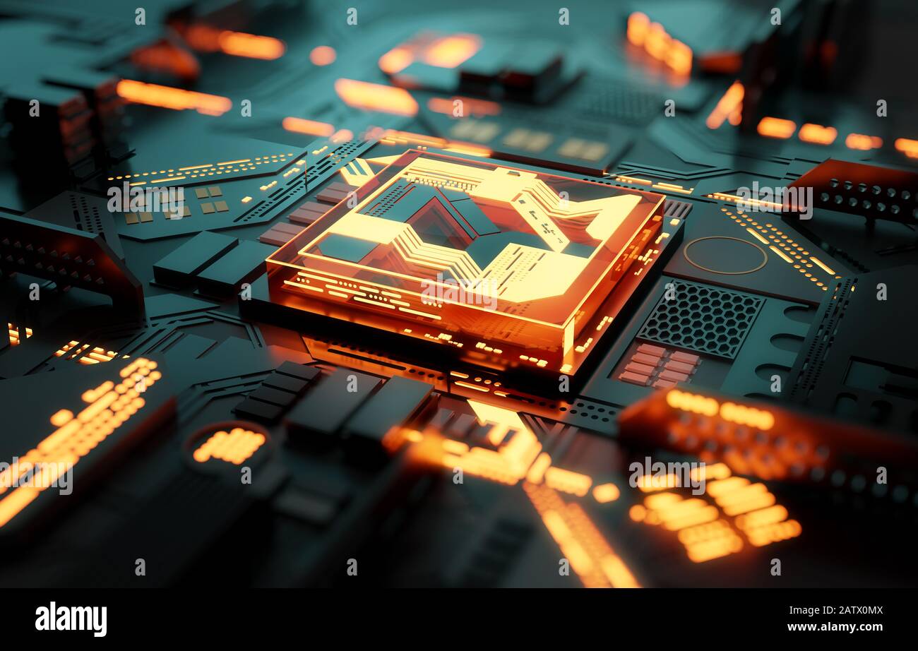Futuristc CPU processor and machine learning concept. 3D illustration Stock Photo