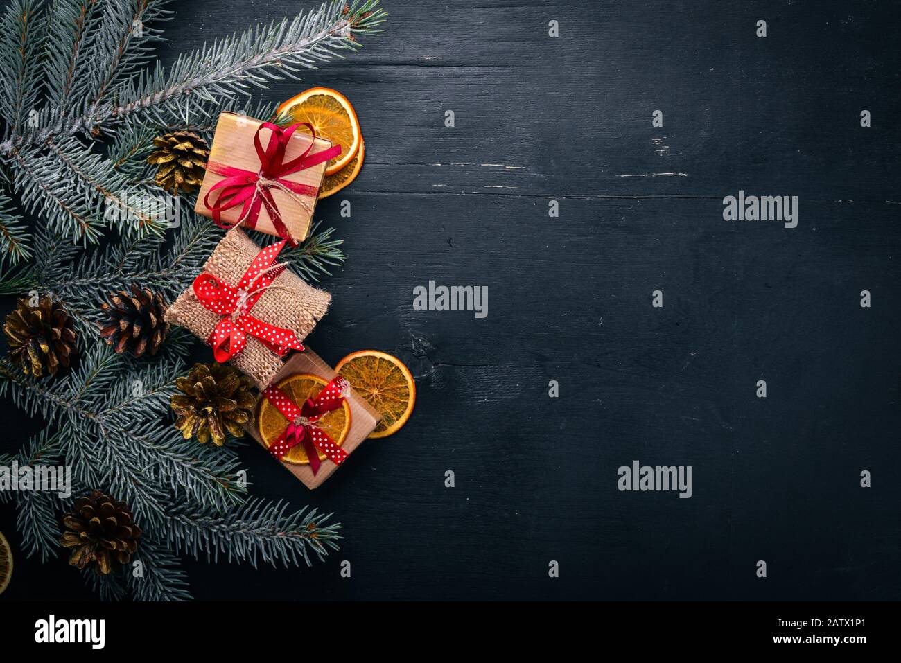 Christmas wooden background with snow fir tree and decoration. Top view ...