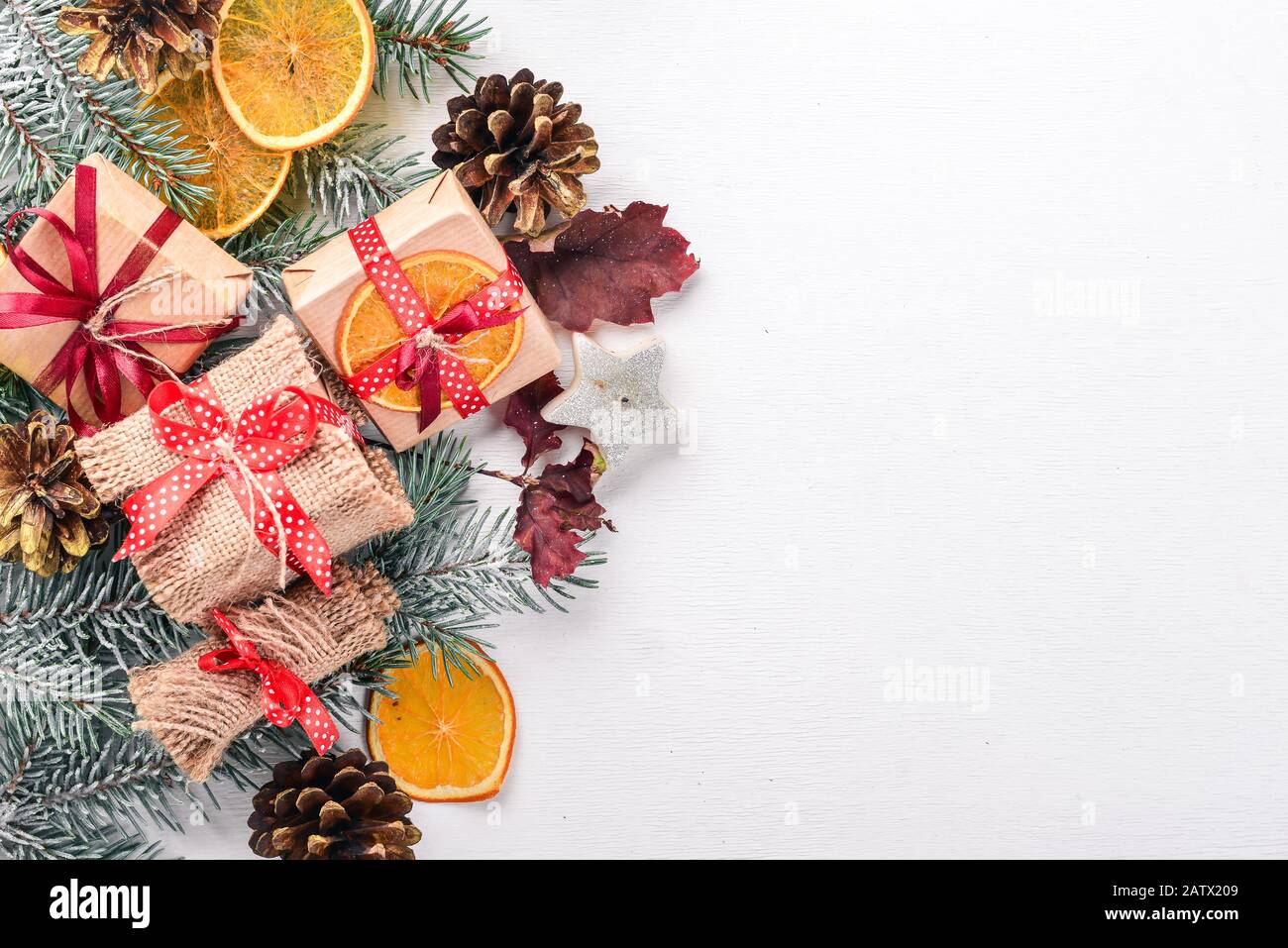 Christmas wooden background with snow fir tree and decoration. Top view ...