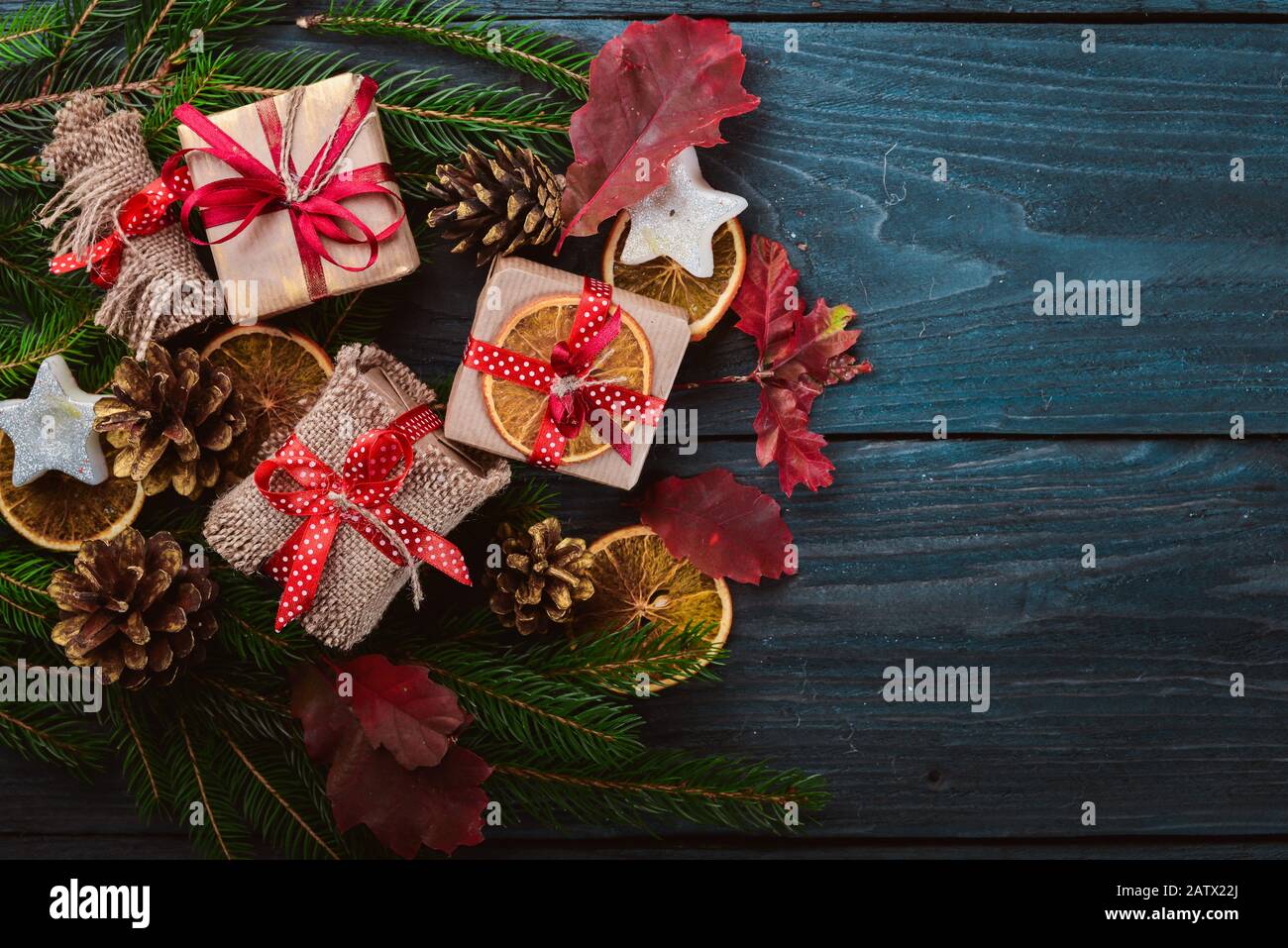 Christmas wooden background with snow fir tree and decoration. Top view ...