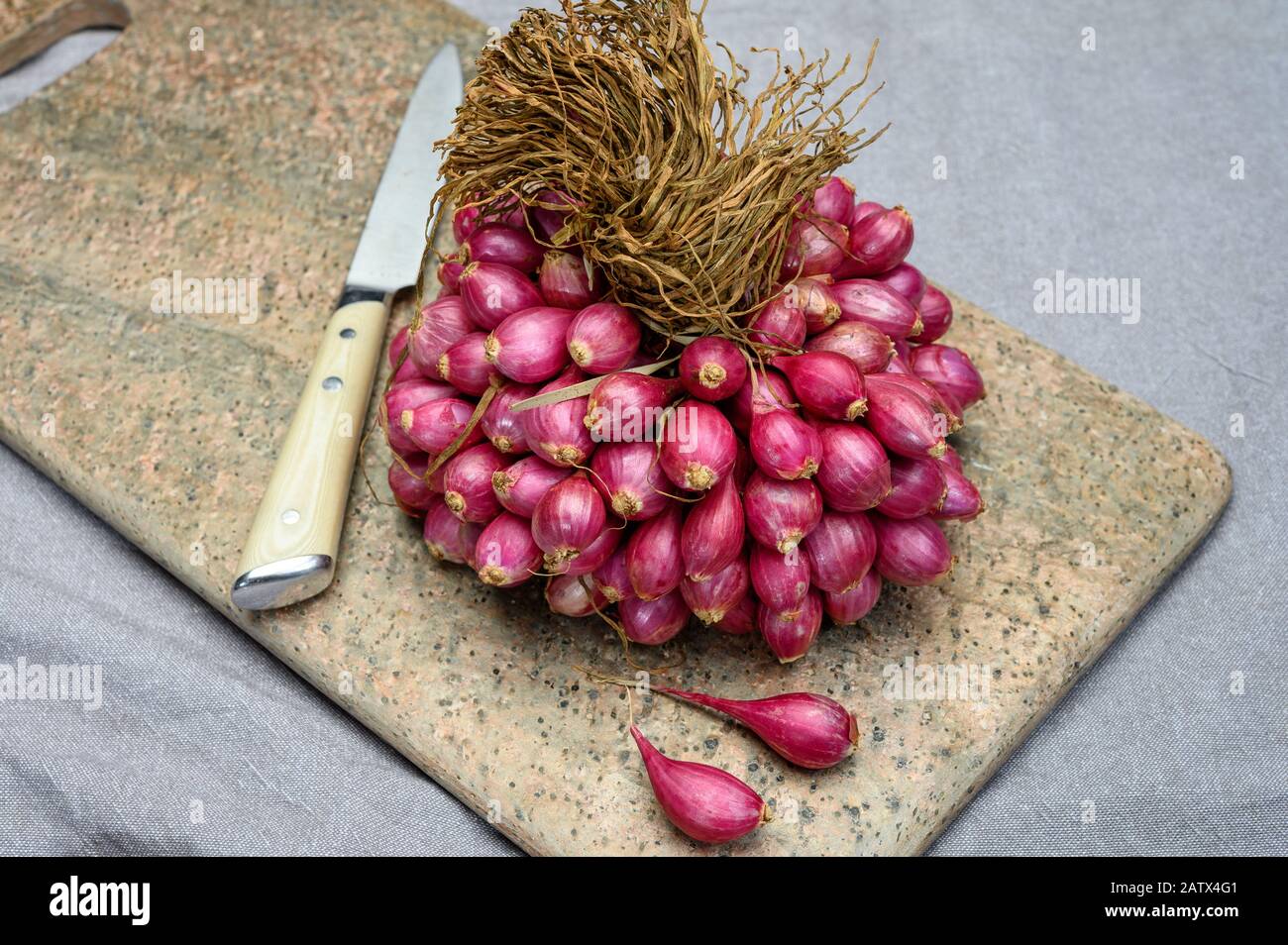 Bunch of high quality small red shallot sambar onions from India Stock Photo