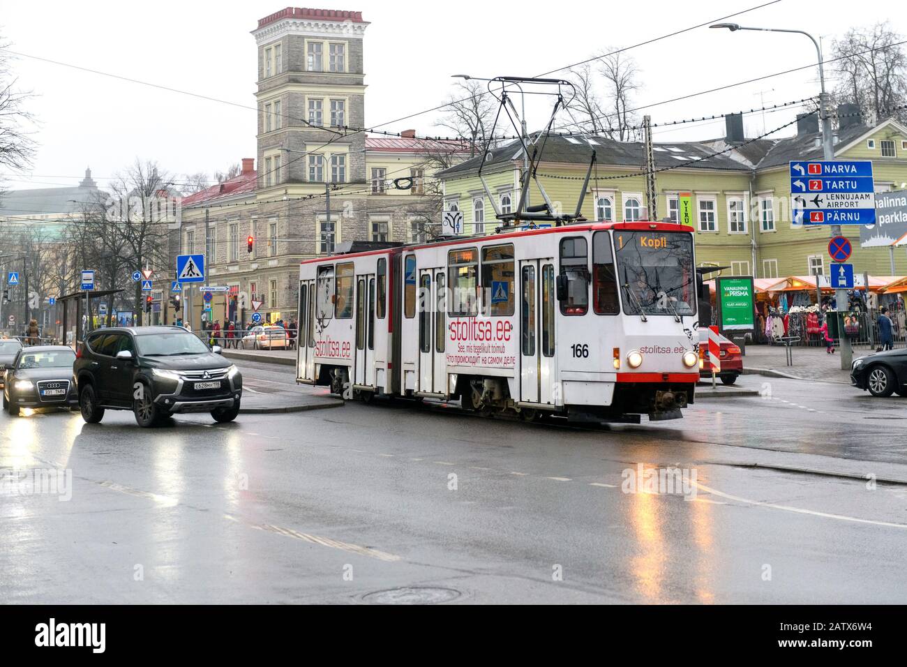Tram in Tallinn, alongside Viru Turg (Viru Market). Tallinn, Estonia Stock Photo