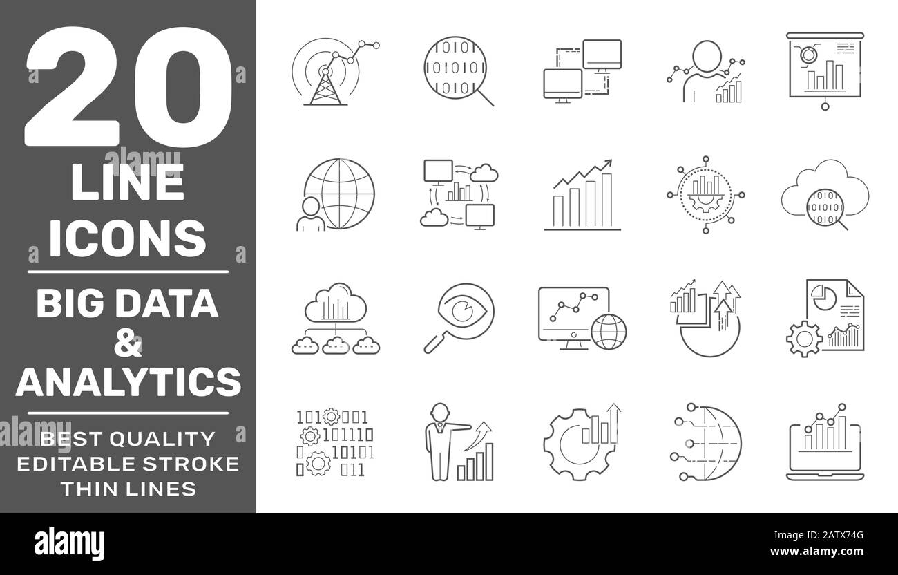 Big data and analytics icons set. Contain icons as Chart, Report document, Graph Data analytics, Presentation chart and Communication, Global Stock Vector