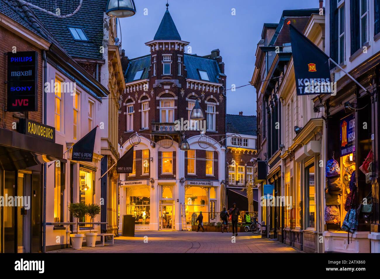 Lighted city street in tilburg outdoor shopping center, illuminated