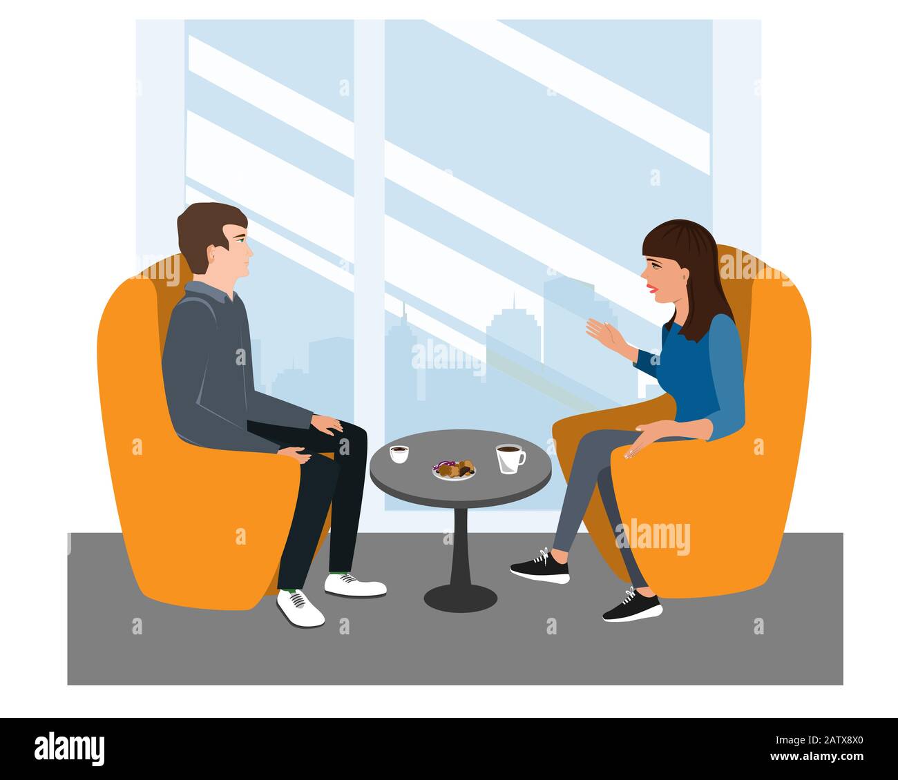 Woman and Man are seating in chairs and discussing some topic. Friends or Businessman And Businesswoman Talk, vector illustration Stock Vector