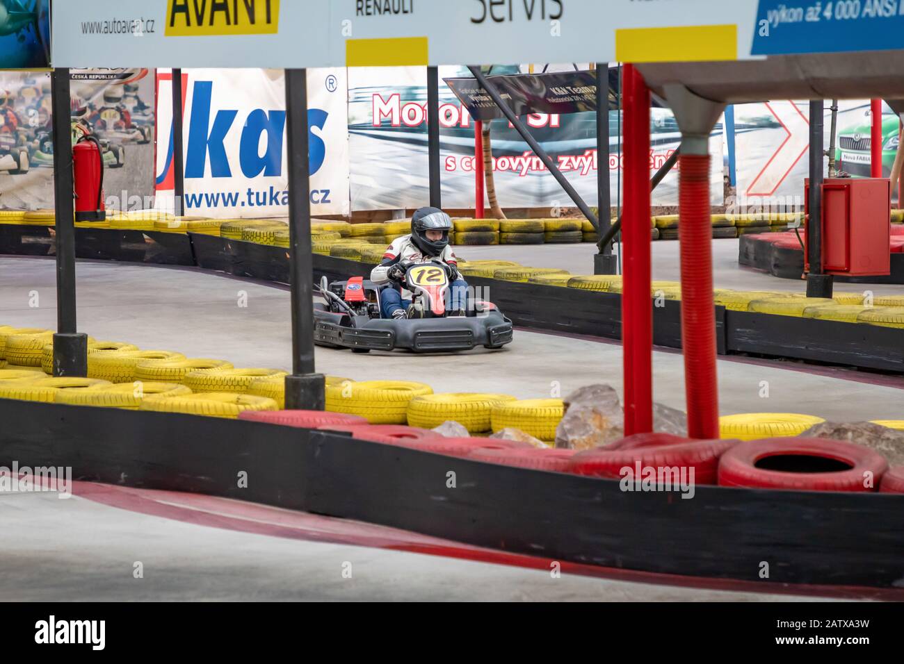 Prague, Czech Republic - 02.02.2020: Karting racers struggling on circuit  in indoor go-kart track in Prague, Czech Republic Stock Photo - Alamy