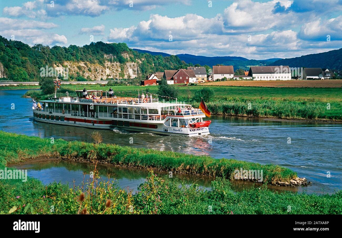 excursion boat on River Weser, Weser Hills, Lower Saxony, Germany Stock Photo