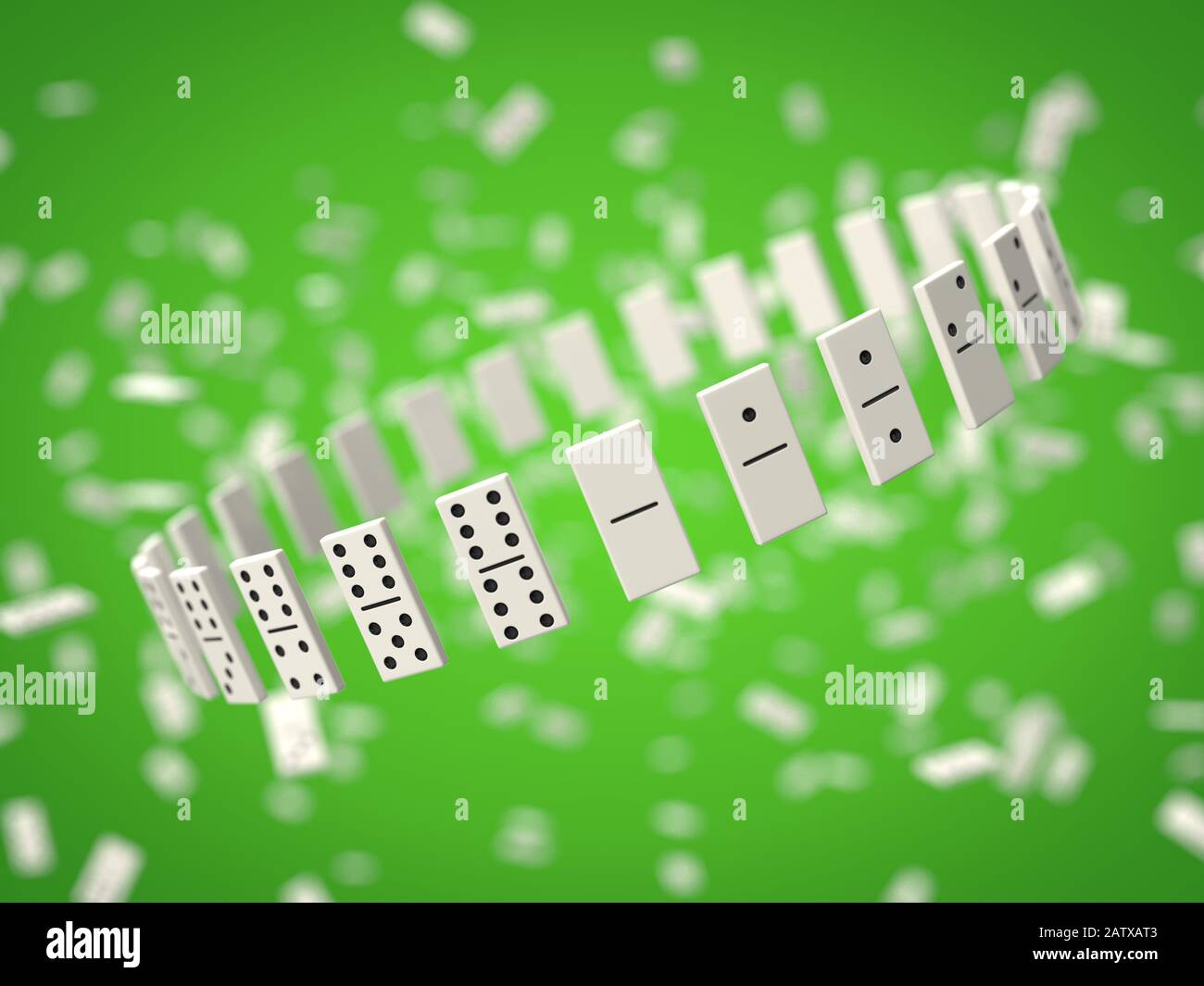 domino chips on green background. white chips with black dots. 3d illustration Stock Photo