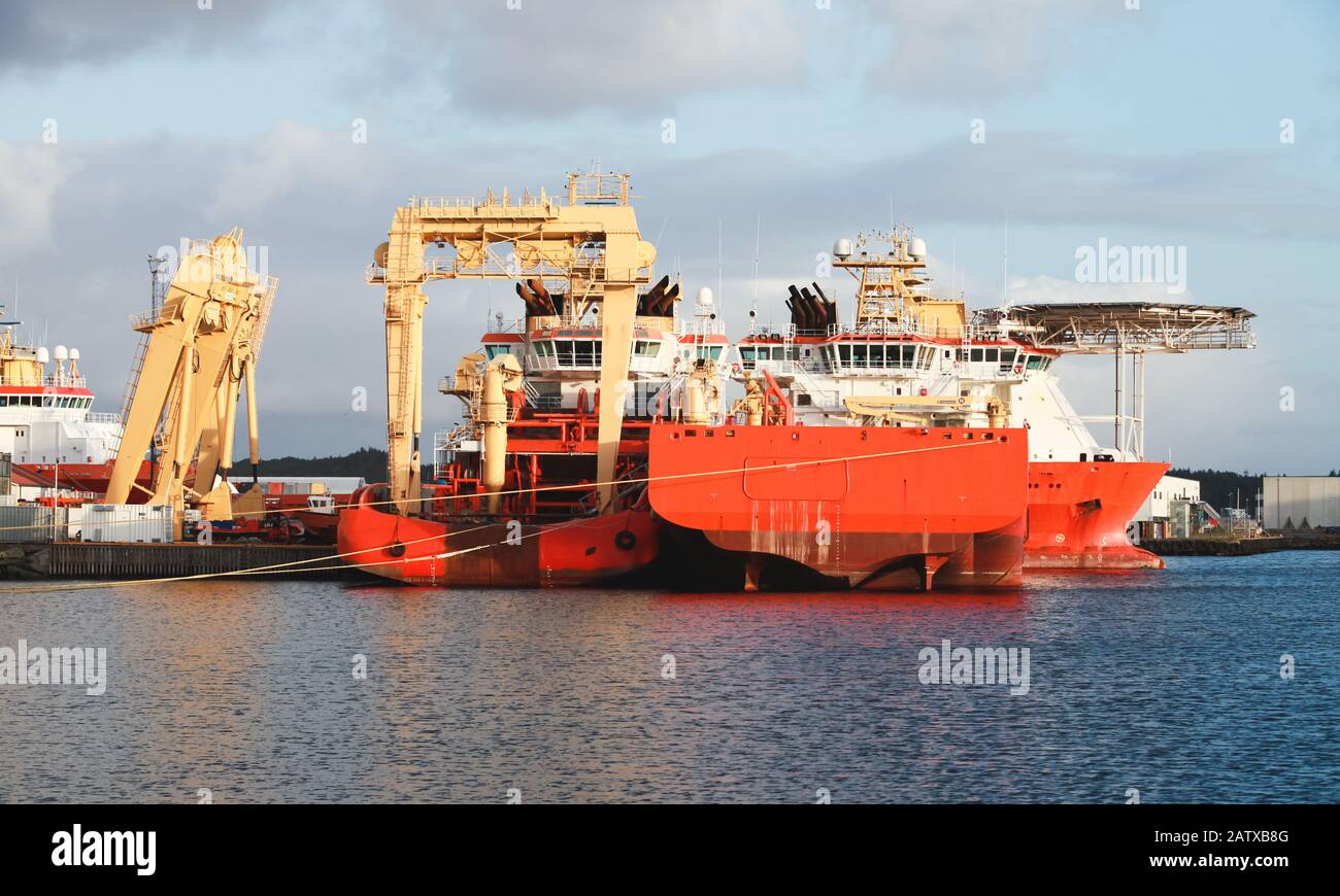 Standby Safety Vessels are moored in port of Bergen, Norway Stock Photo