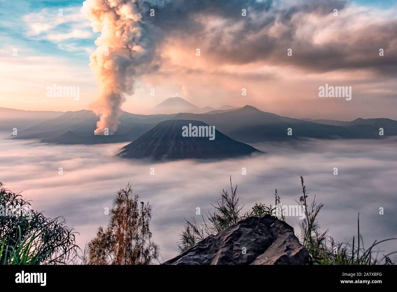 Active Bromo volcano in East Java, Indonesia Stock Photo