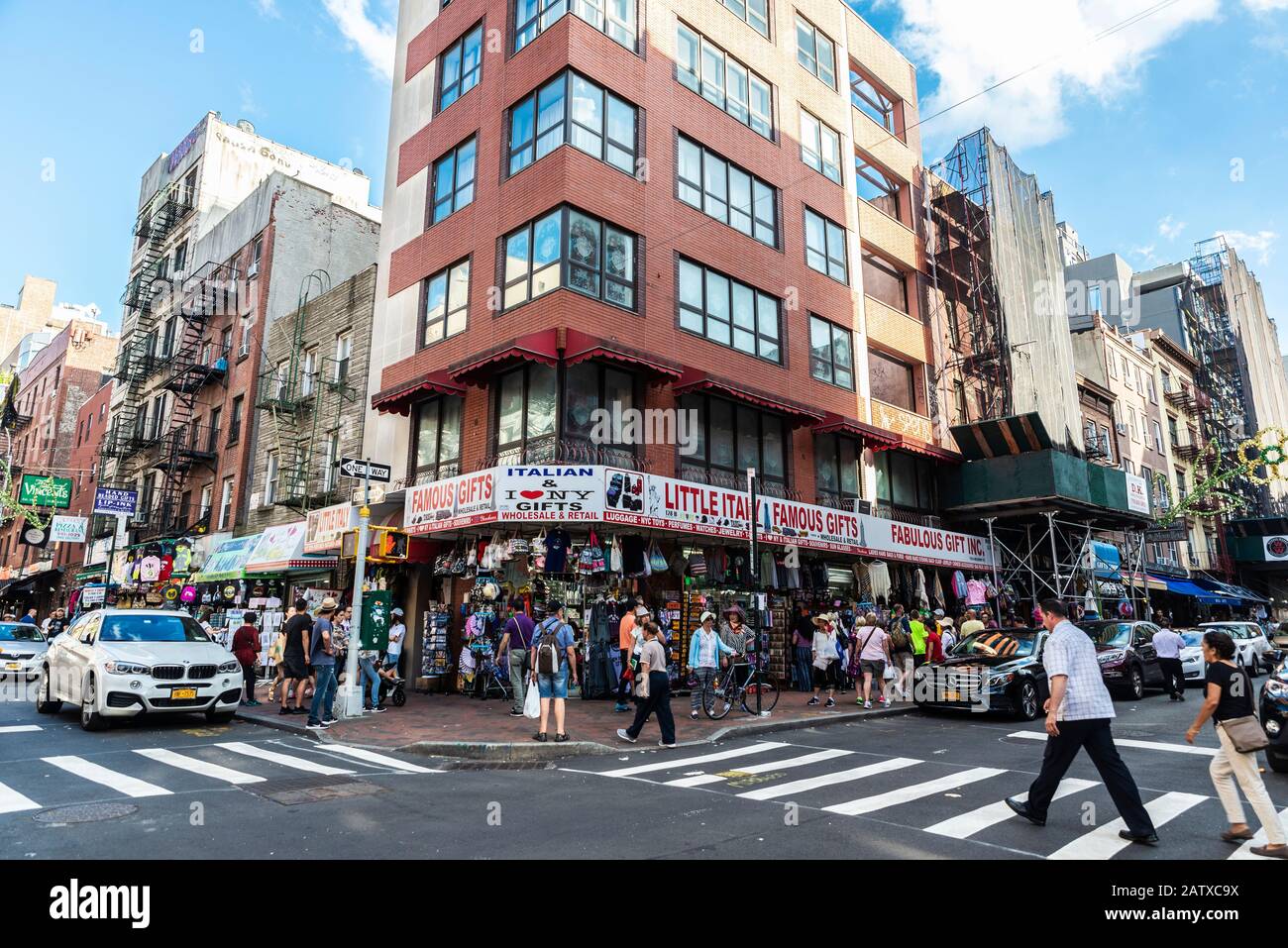 New York City, USA - August 2, 2018: Street with many shops with people around in Little Italy, Lower Manhattan, New York City, USA Stock Photo
