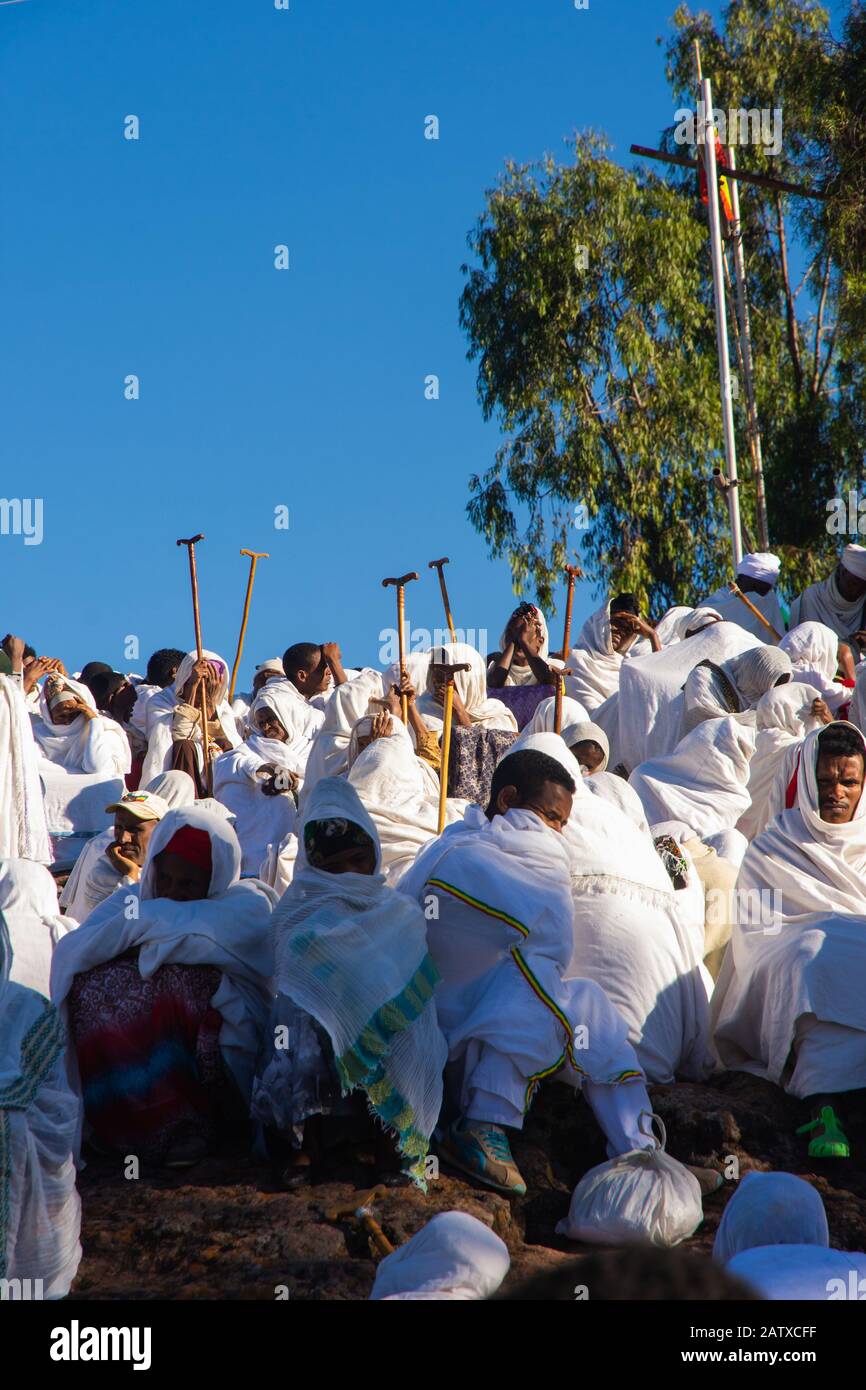 Lalibela, Ethiopia - Nov 2018: Crowd of pilgrims dressed in traditional