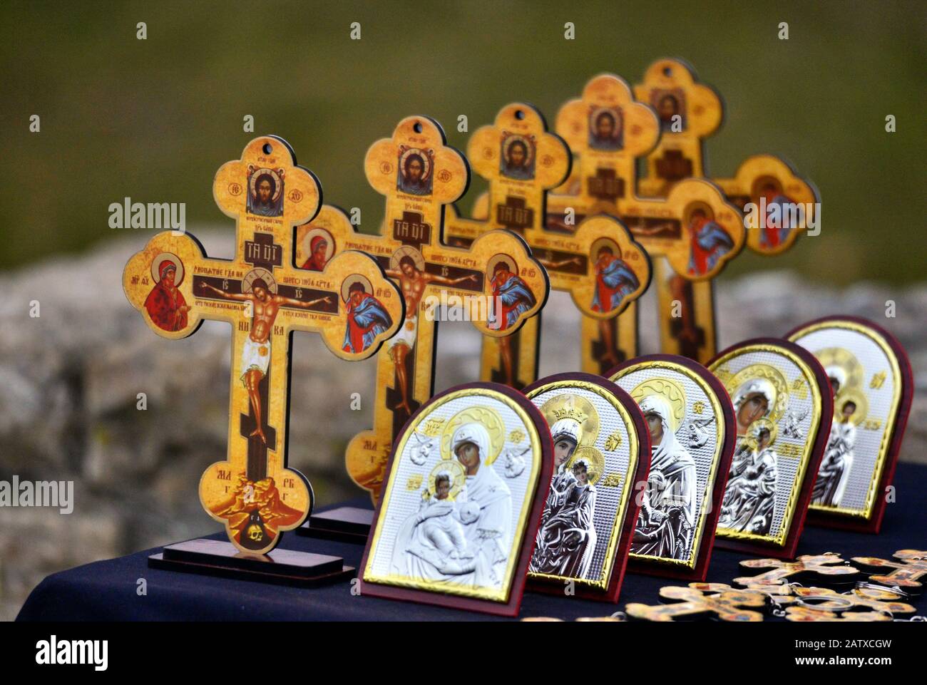 wooden orthodox crosses and icons for sale. in ohrid macedonia Stock