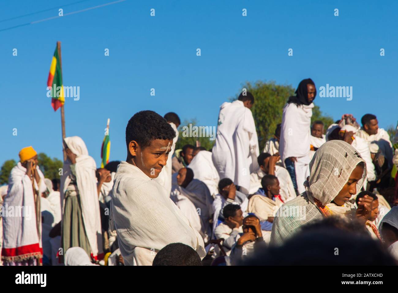 Lalibela, Ethiopia - Nov 2018: Crowd of pilgrims dressed in traditional