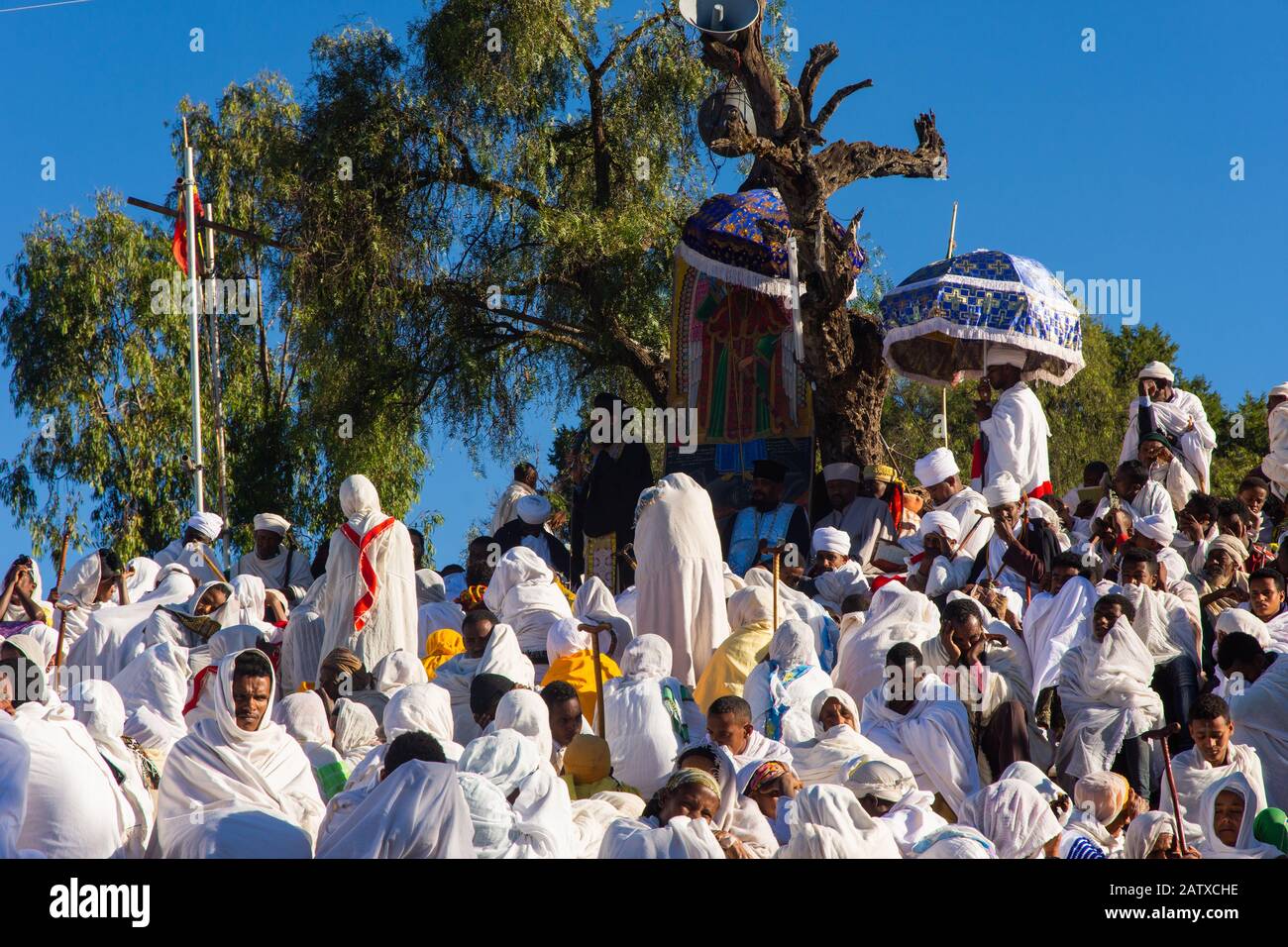 Lalibela, Ethiopia - Nov 2018: Crowd of pilgrims dressed in traditional
