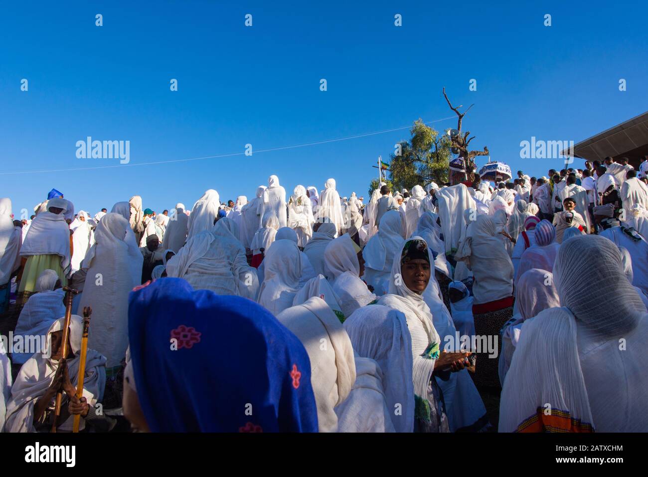 Lalibela, Ethiopia - Nov 2018: Pilgrims dressed in traditional