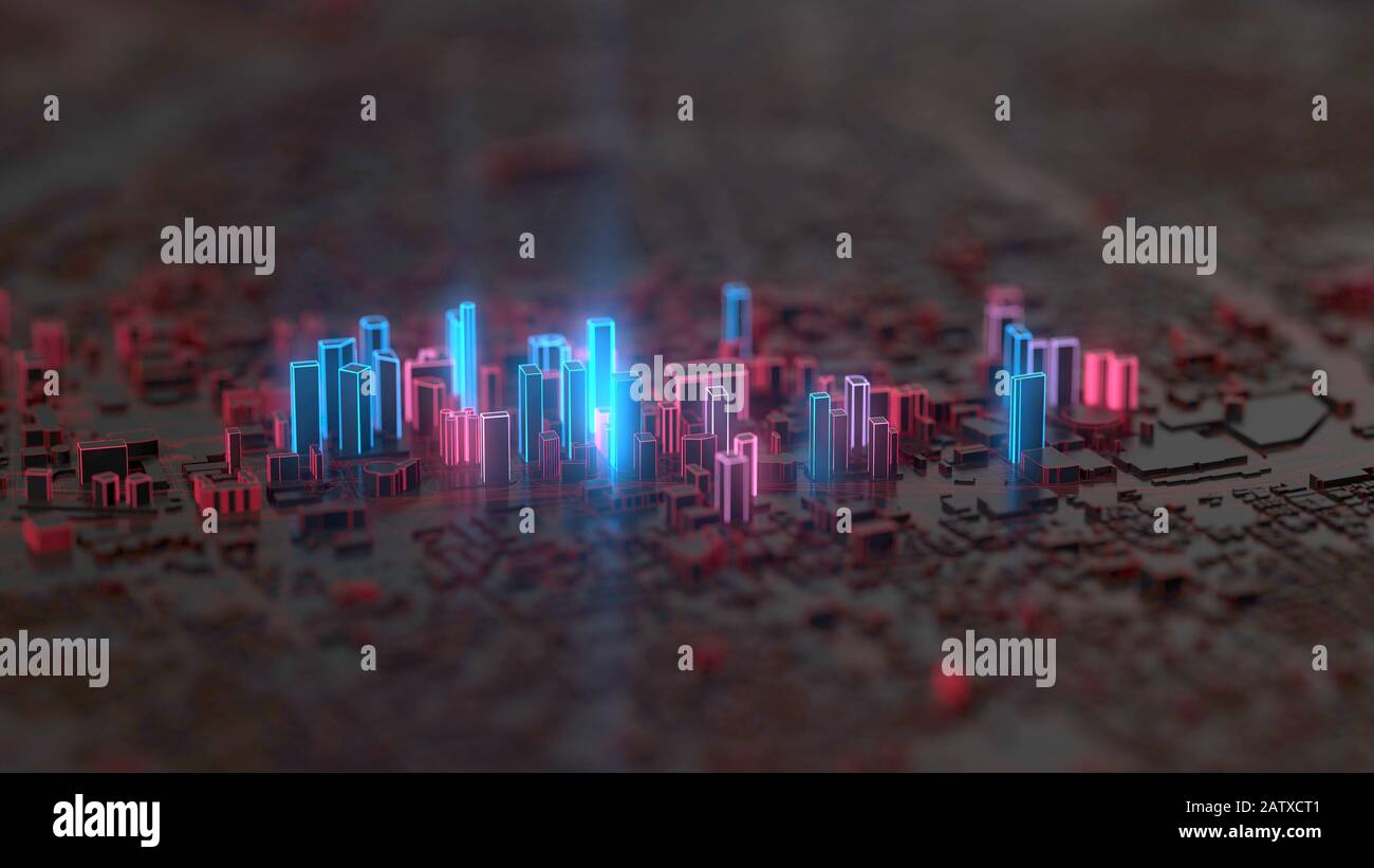 digital city with red and blue glowing edges. suitable for technology ...