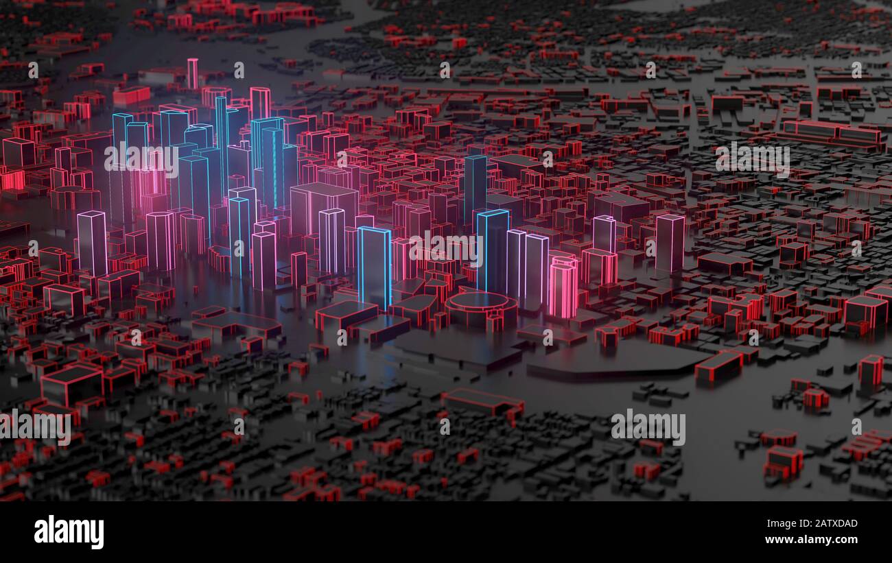 digital city with red and blue glowing edges. suitable for technology ...