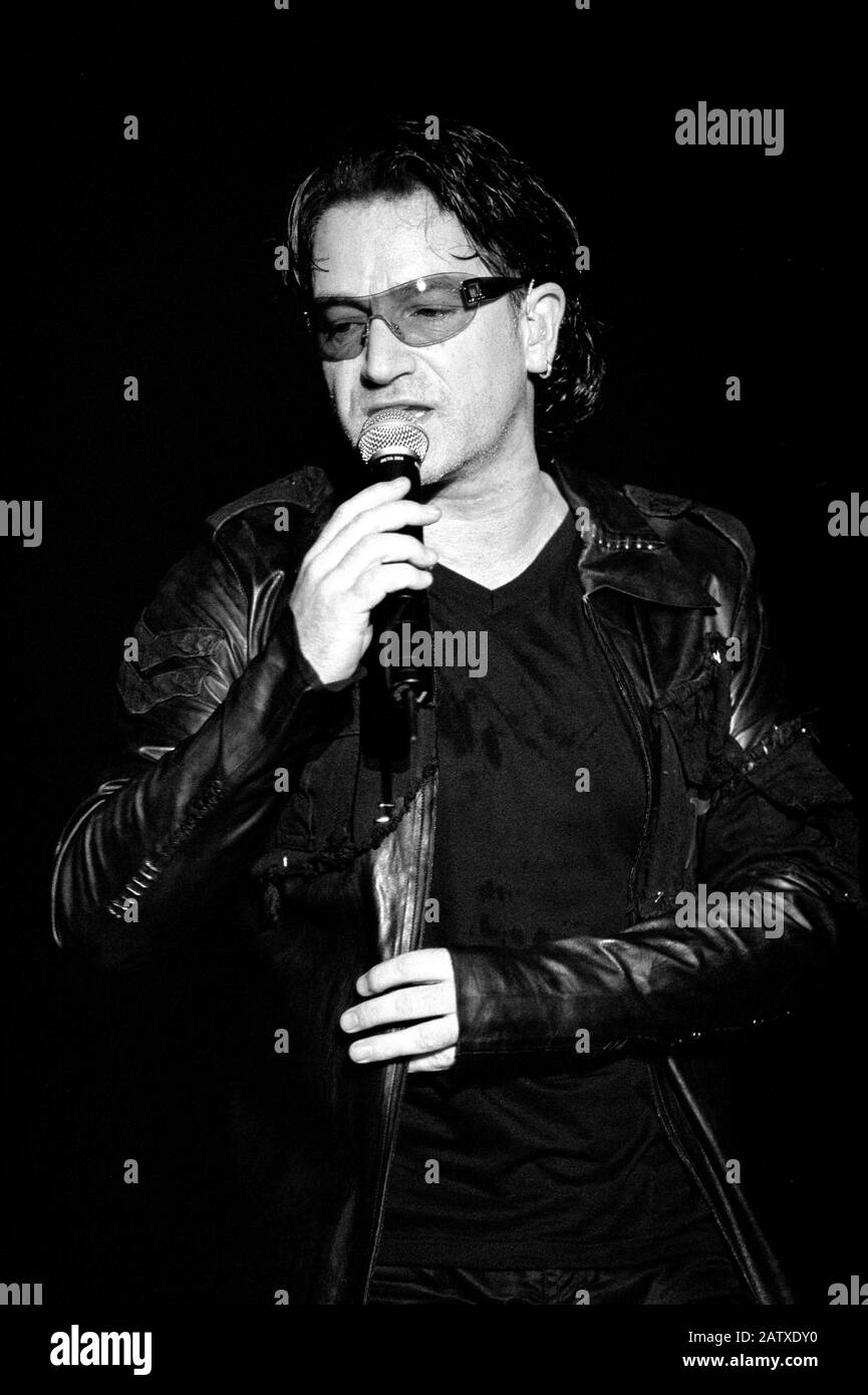 Torino Italy 11/07/2001, live concert of the U2 at the Delle Alpi Stadium : The singer Bono during the concert Stock Photo
