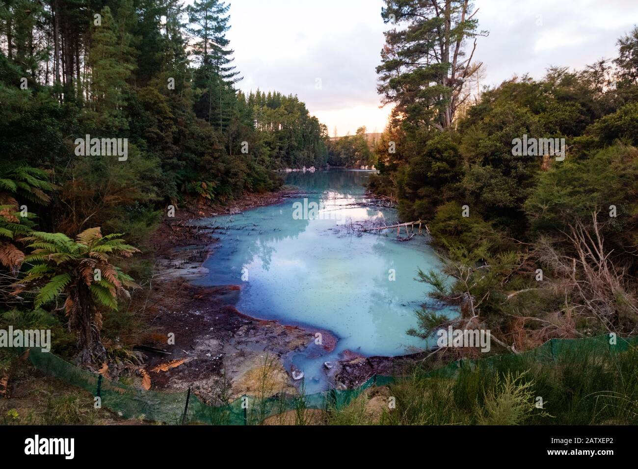 Colorful thermal mineral Echo Lake discovered off beaten track near Wai o Tapu, Rotorua, New Zealand Stock Photo