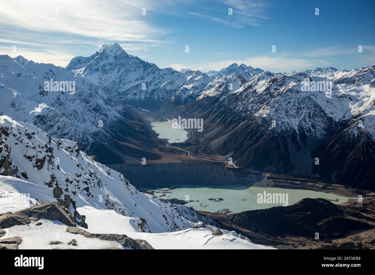 Scenic mountain view from Mount Olivier on Mount Cook over Hooker Lake, glacial landscape in winter, New Zealand Stock Photo