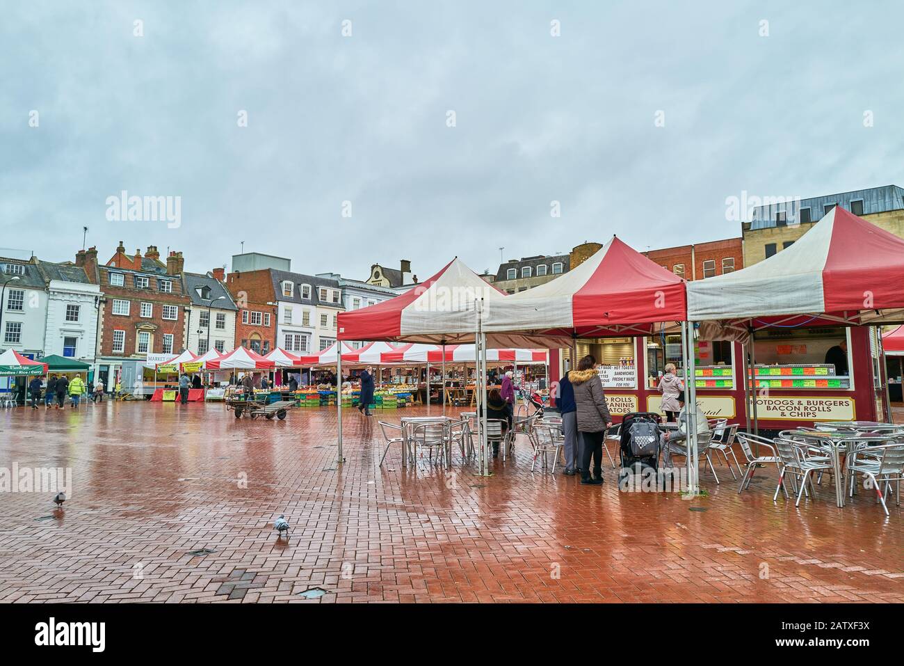Open air market square in the centre of Northampton, England, on a