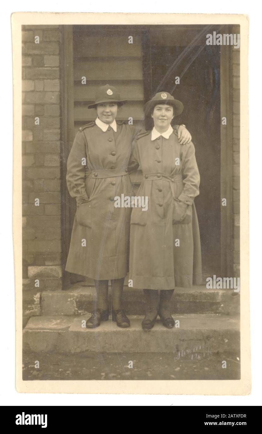 Original WW1 era postcard of two female members of the Women's Army Auxiliary Corps (WAAC), friends, the woman on the left belongs to the Queen Mary's Army Auxiliary Corps, circa 1918, U.K Stock Photo