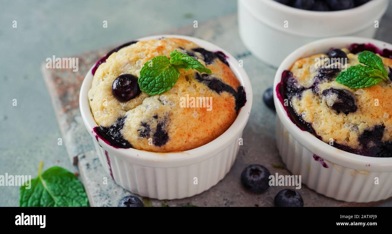 Homemade Blueberry Muffin for one baked in a ramekin, selective focus