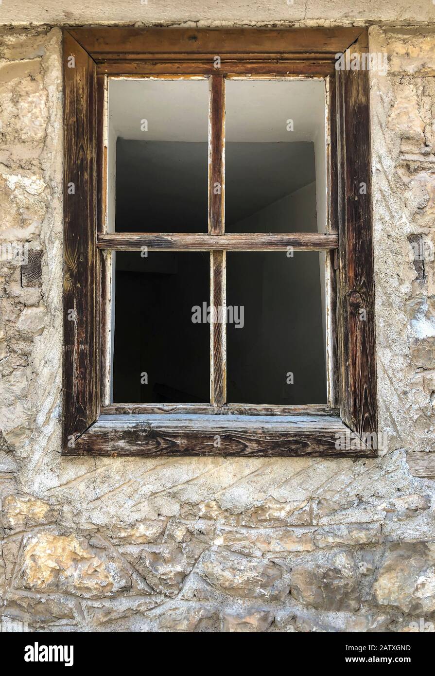 a wooden window of an abandoned brick house Stock Photo - Alamy