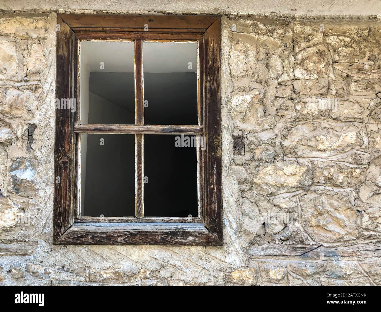 a wooden window of an abandoned brick house Stock Photo - Alamy