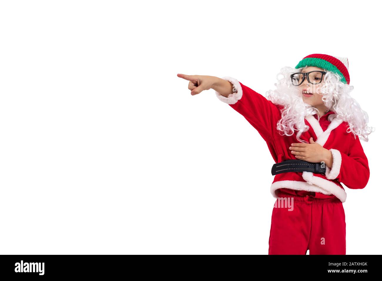 Child Santa Claus on a white background shows a finger. Christmas boy.Christmas holidays concept Stock Photo