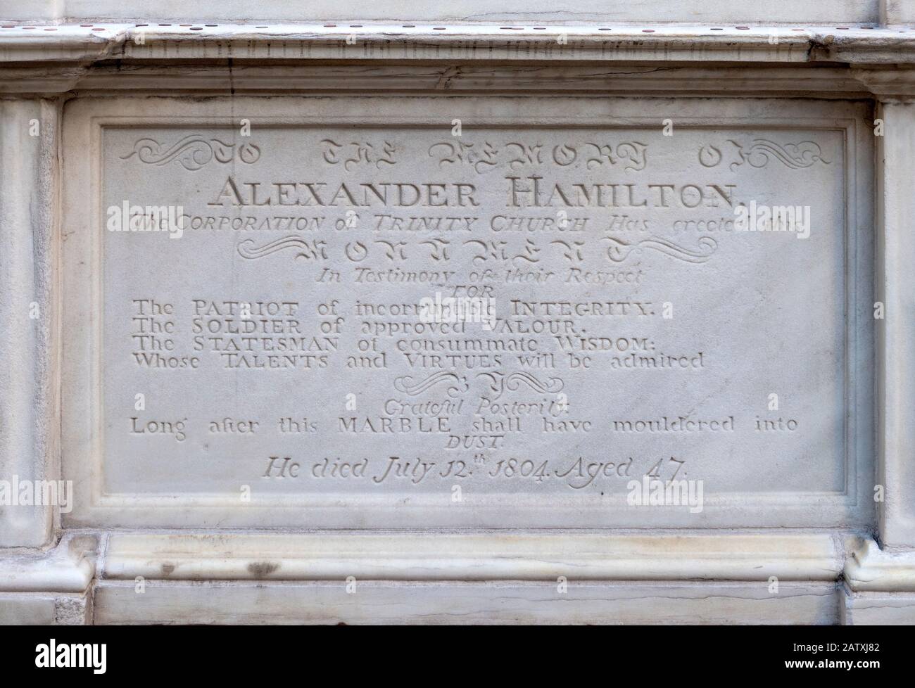 Graves of first secretary of the treasury, Alexander Hamilton died after he was shot by Aaron Burr during a duel, July 12th 1804 and his daughter Eliz Stock Photo