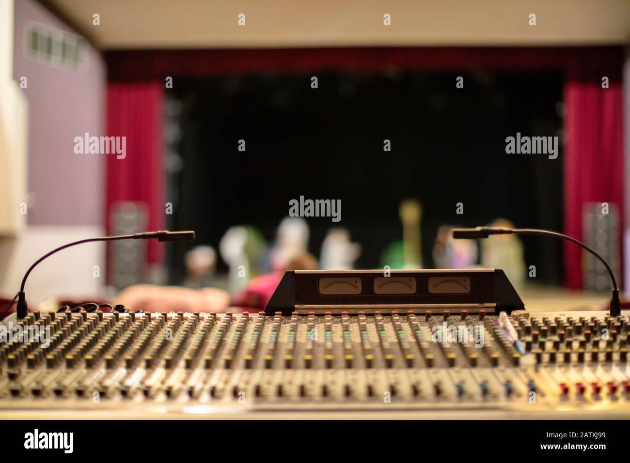 Retro mixing console with stage light. Workplace lighting engineer ...