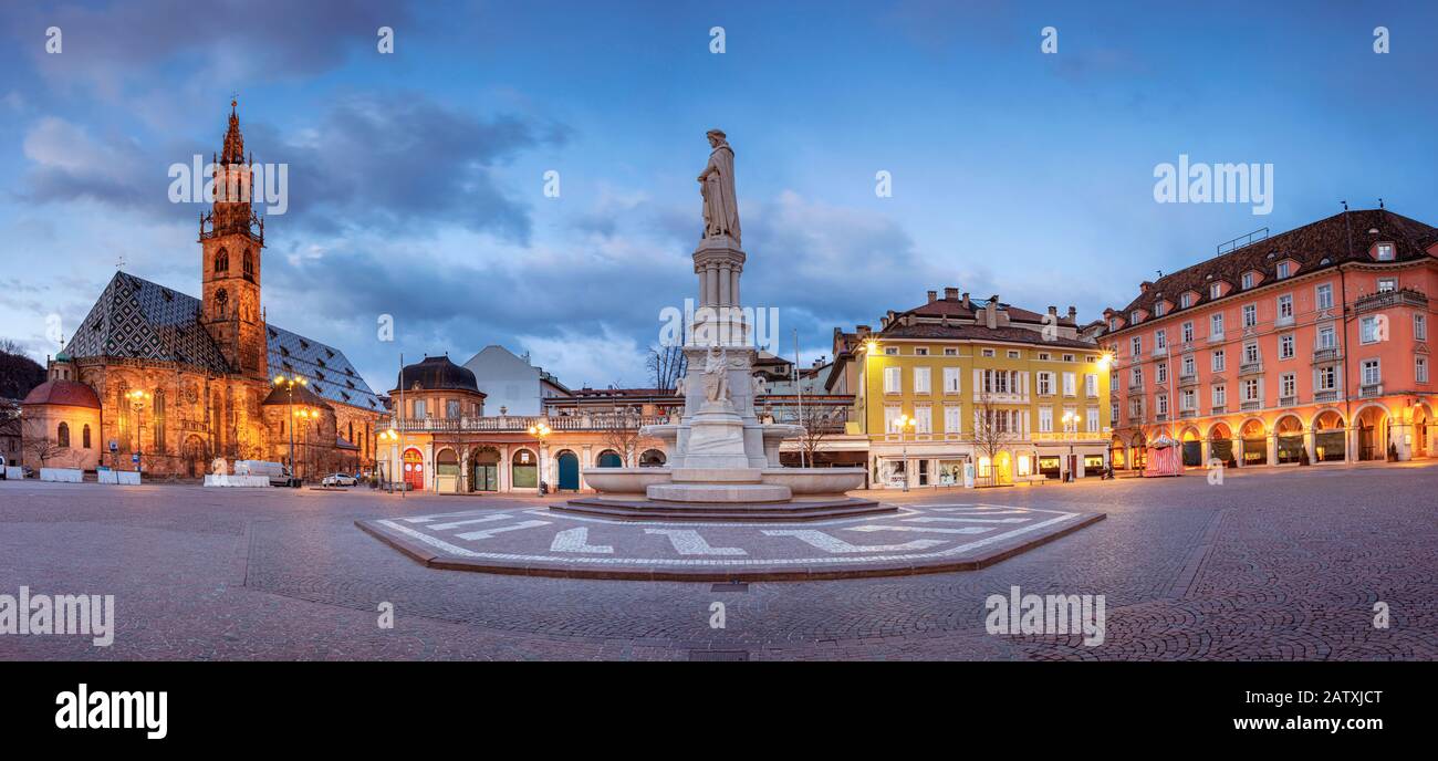 Bolzano, Italy. Cityscape image of historical city of Bolzano, Trentino, Italy during twilight blue hour. Stock Photo