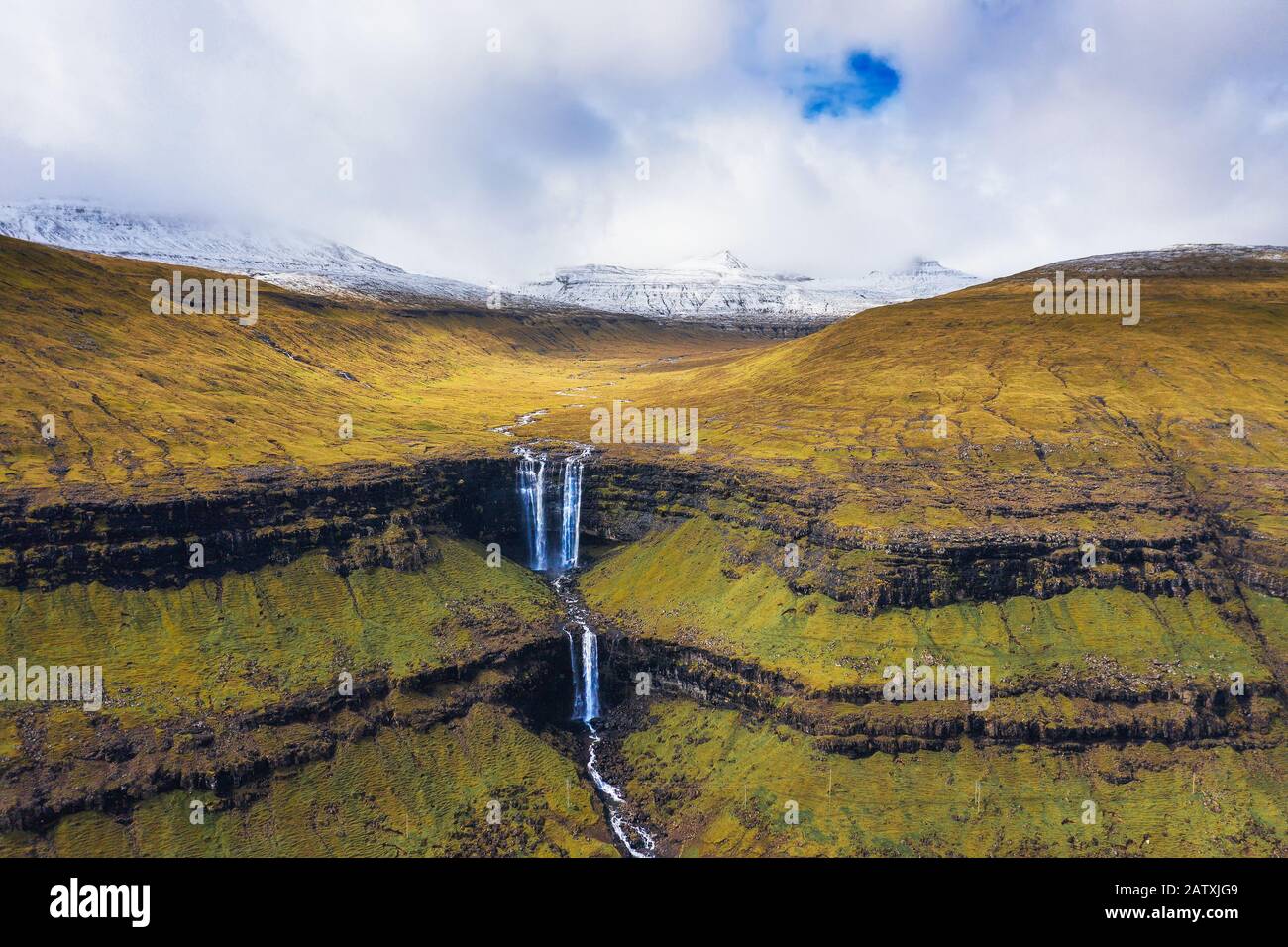 Aerial view of the Fossa Waterfall on island Bordoy in the Faroe Islands Stock Photo